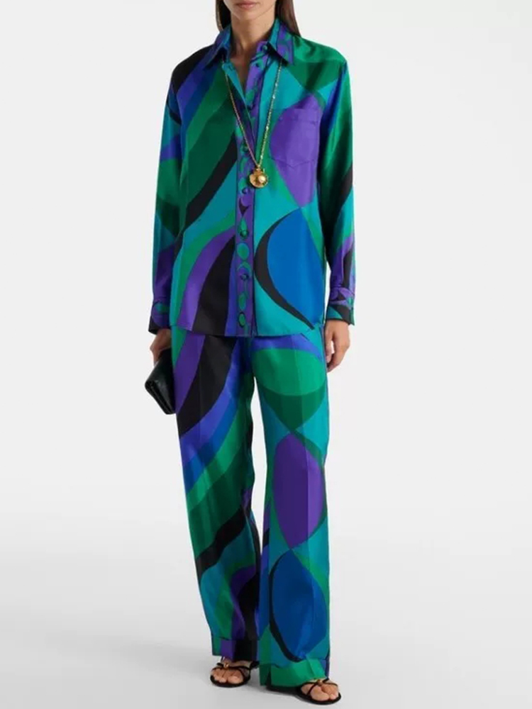 Retro geometric print lapel st - огляд і ціна Silk Blouse